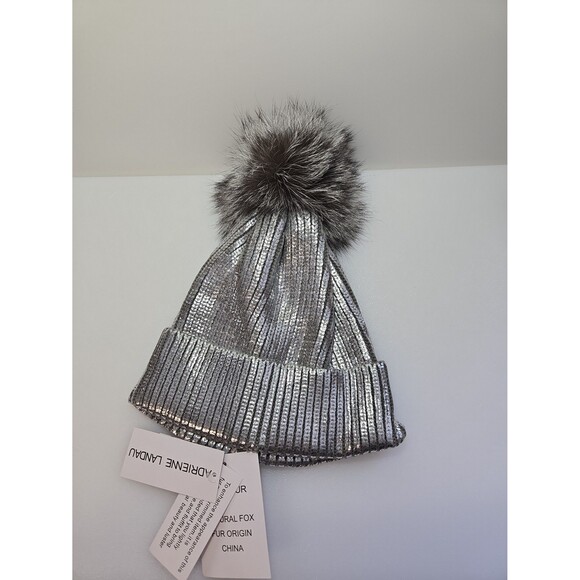 NEW Adrienne Landau Silver Metallic Beanie Hat Womens Real Fox Fur Pom Pom Bling main image 8